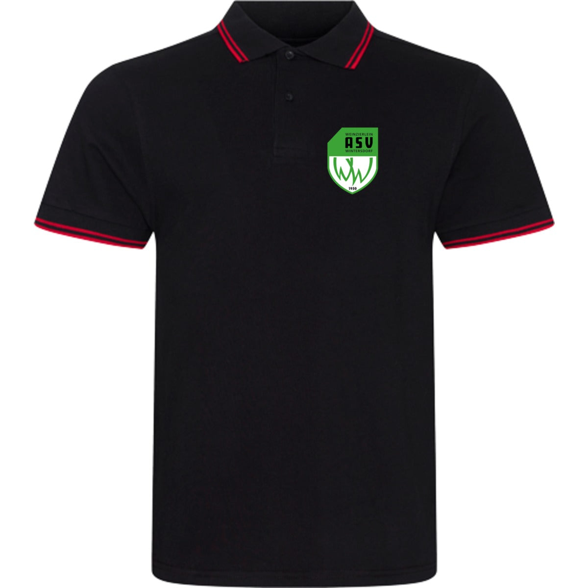 Stretch Poloshirt Kontraststreifen JP003 – ASV-Wappen herzseitig Black/Red Vorderseite