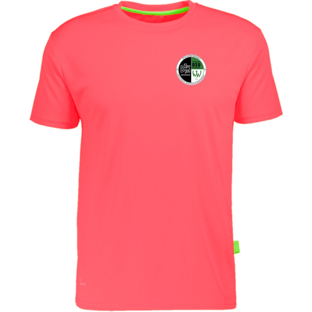 Nachhaltiges Herren Laufshirt aus 100% recyceltem Polyester CN160 – Vereinslogo herzseitig Neon Peach Vorderseite