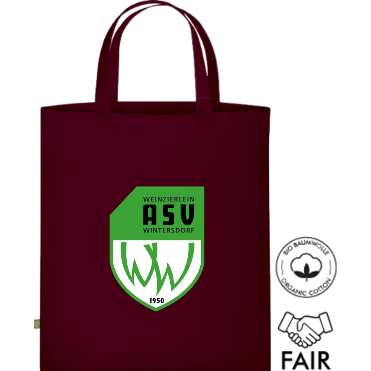 Fairtrade Henkeltasche aus Bio-Baumwolle XT500N – ASV-Wappen mittig groß Burgundy Vorderseite
