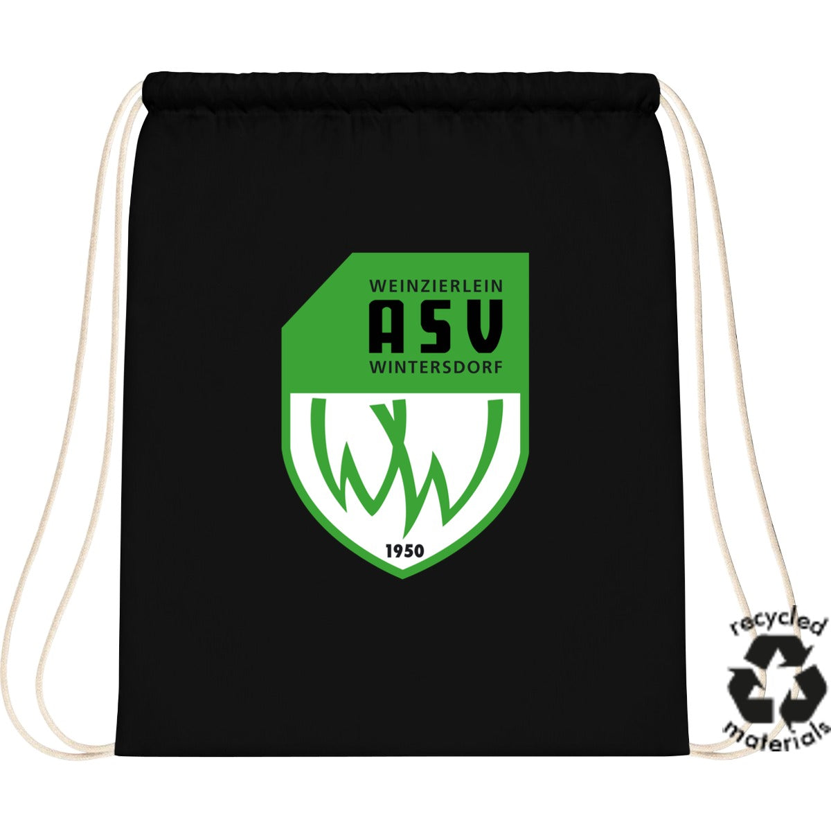 Turnbeutel aus recycelter Baumwolle XT450 – ASV-Wappen mittig groß Black Vorderseite