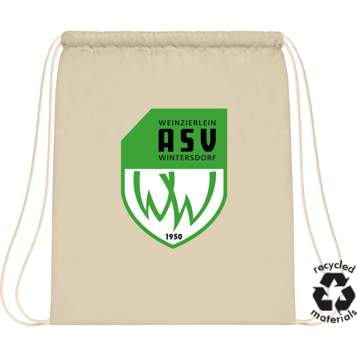 Turnbeutel aus recycelter Baumwolle XT450 – ASV-Wappen mittig groß Natural Vorderseite