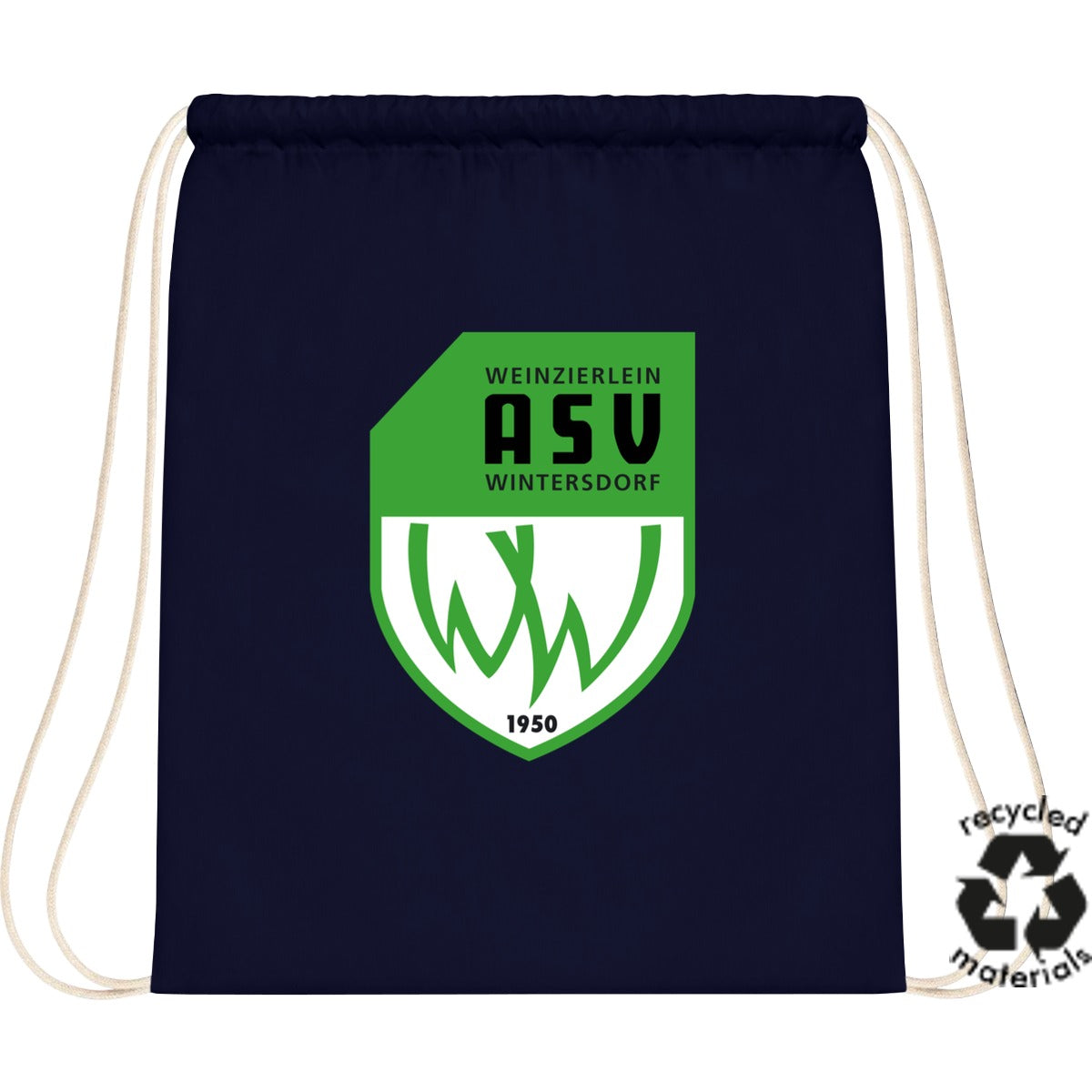 Turnbeutel aus recycelter Baumwolle XT450 – ASV-Wappen mittig groß Navy Vorderseite