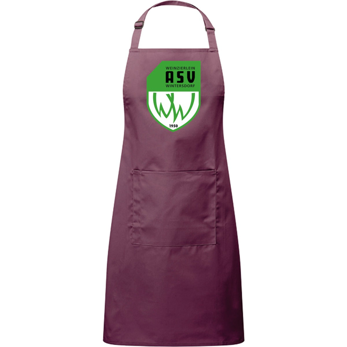 Kochschürze mit Tasche PR154 – ASV-Wappen mittig groß Aubergine Vorderseite