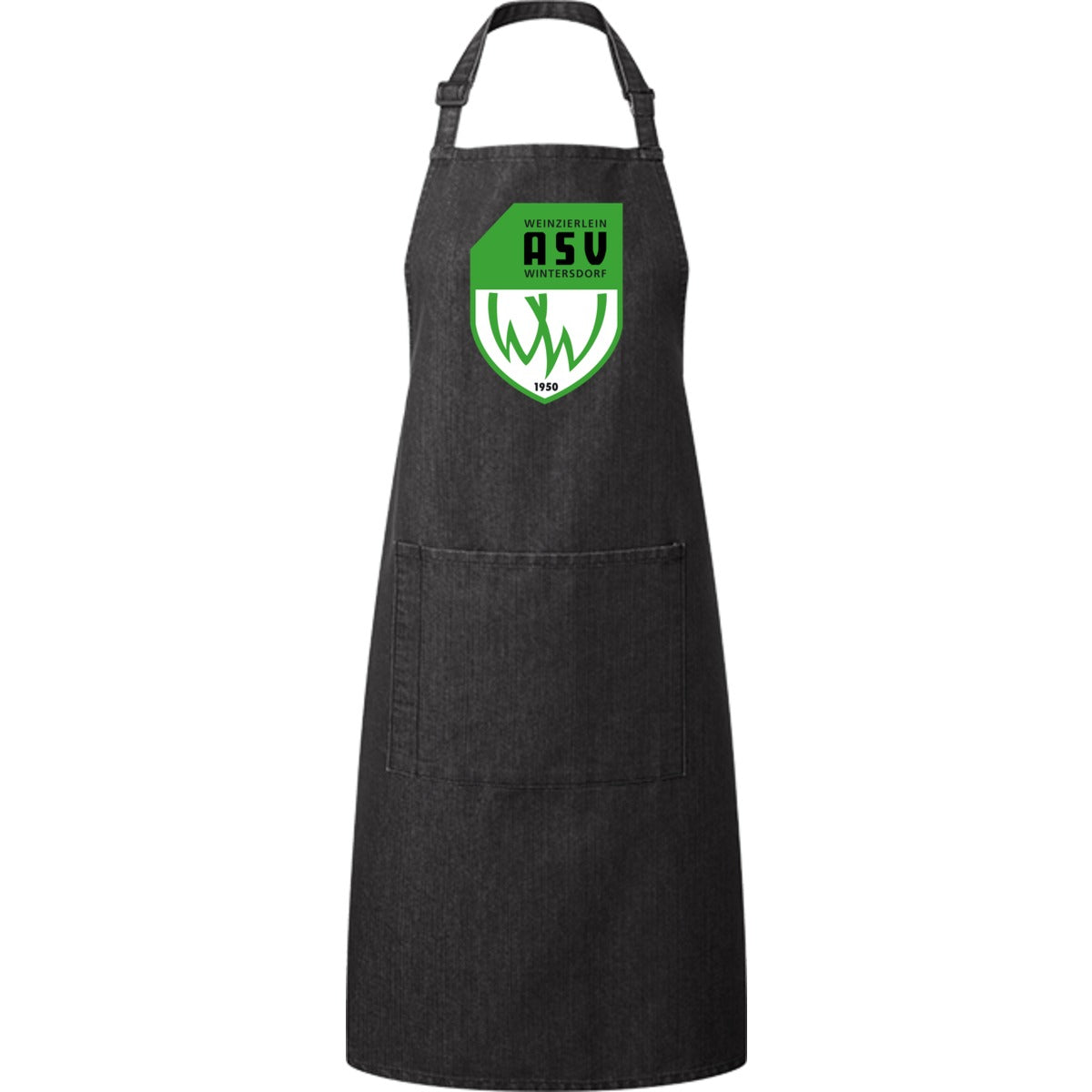 Kochschürze mit Tasche PR154 – ASV-Wappen mittig groß Black Denim Vorderseite
