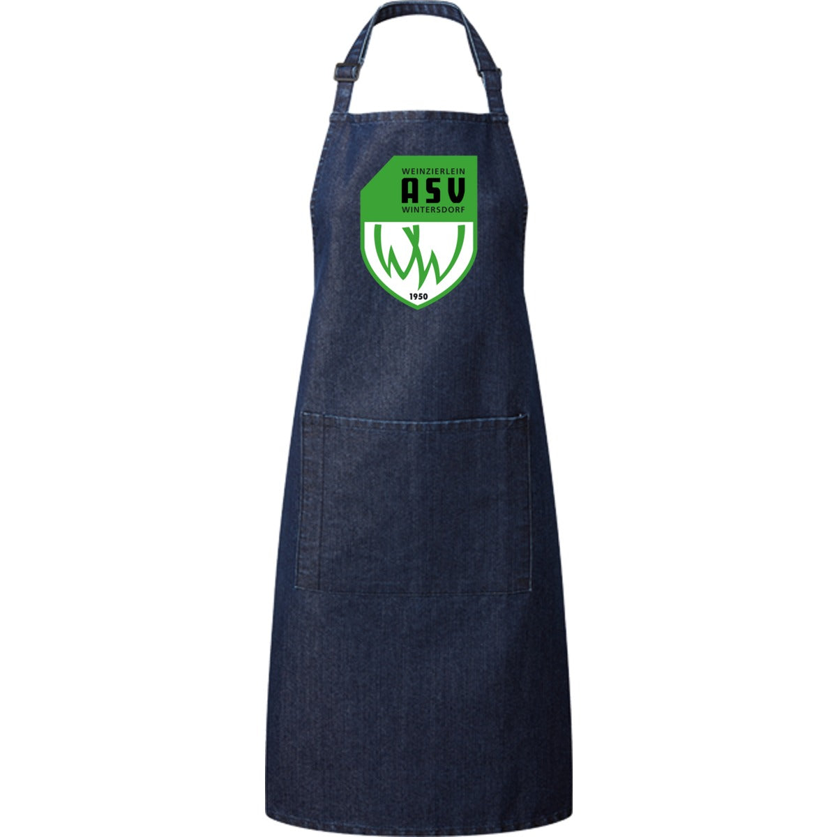 Kochschürze mit Tasche PR154 – ASV-Wappen mittig groß Indigo Denim Vorderseite