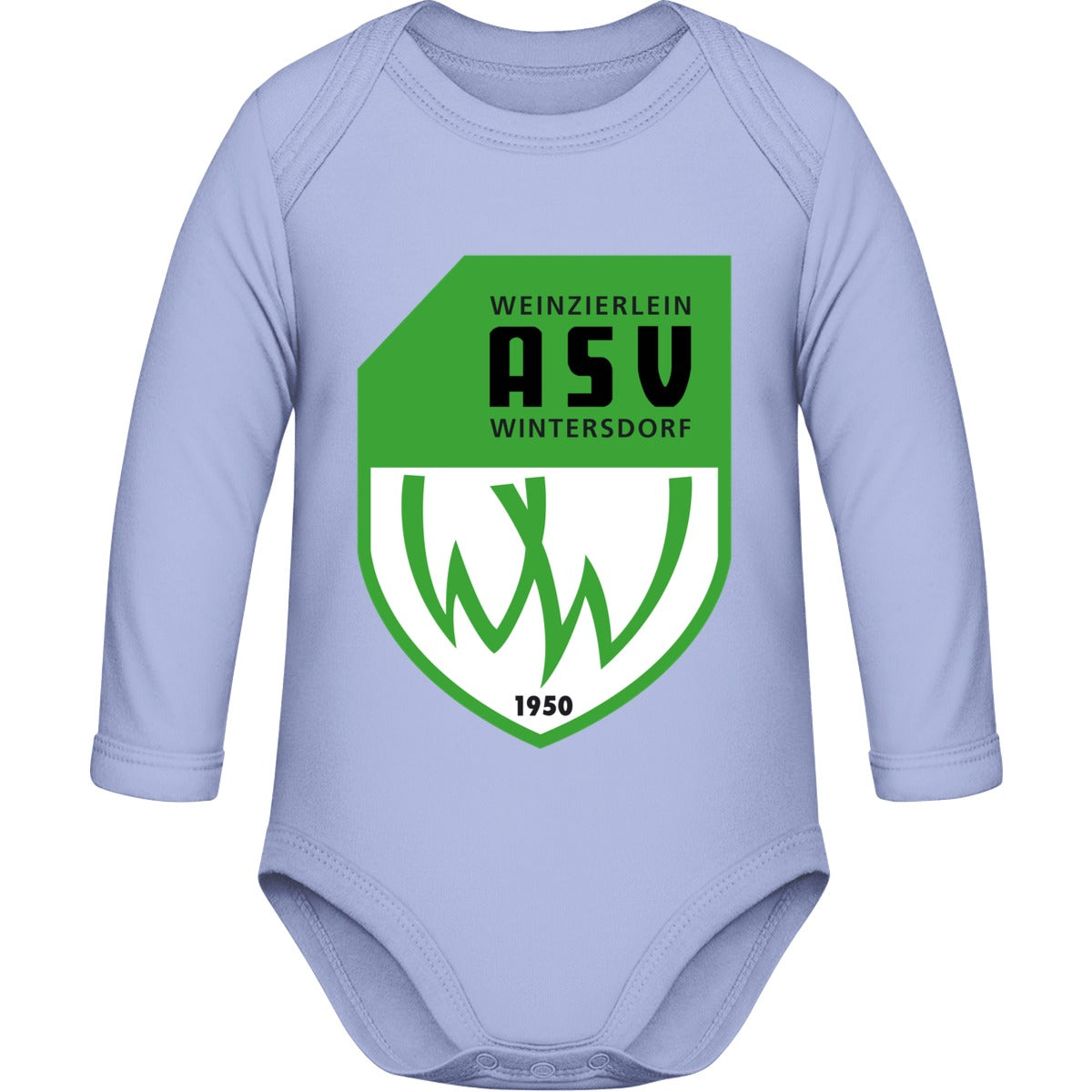 Bio Baby Strampler langarm BZ30 – ASV-Wappen mittig groß Dusty Blue Vorderseite