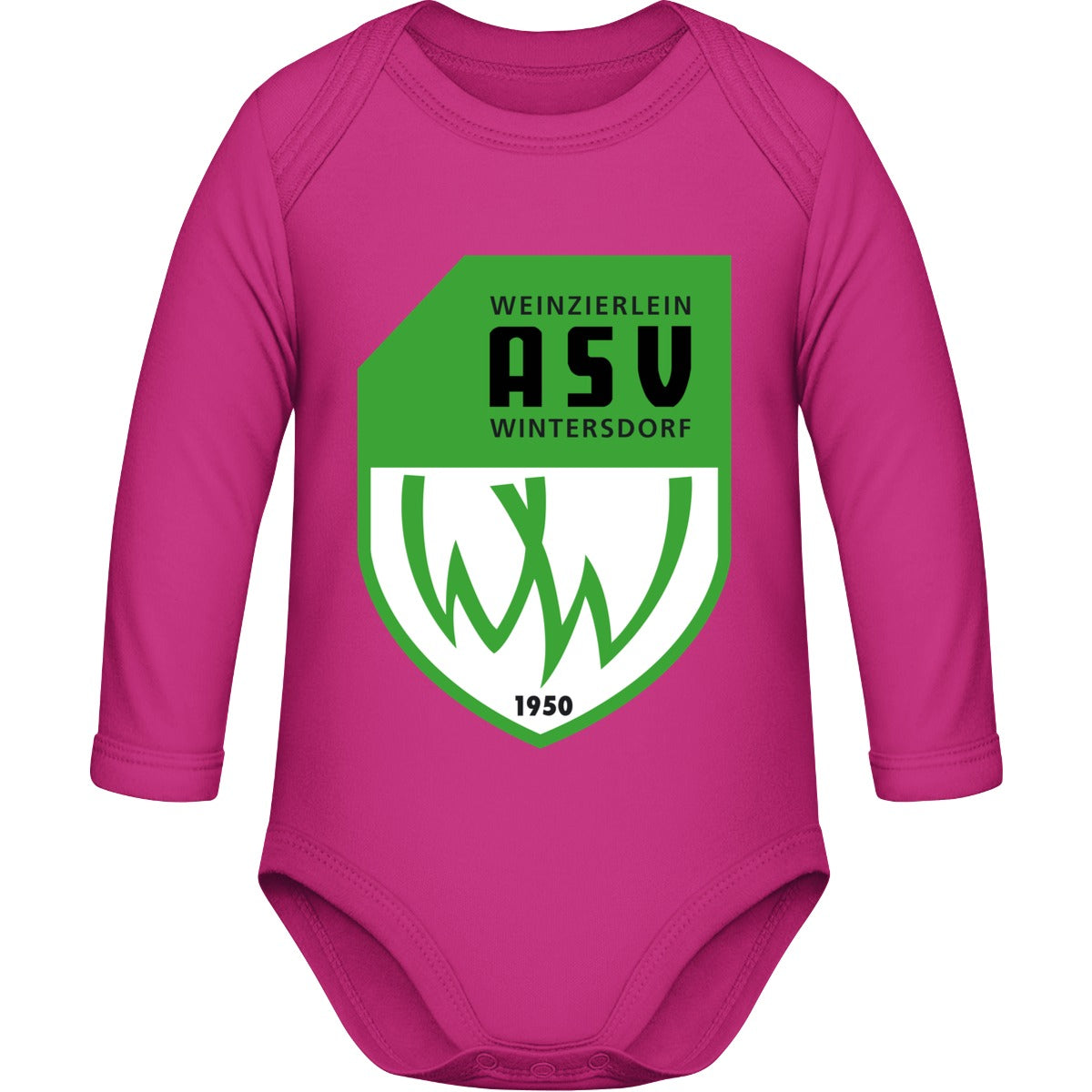 Bio Baby Strampler langarm BZ30 – ASV-Wappen mittig groß Fuchsia Vorderseite