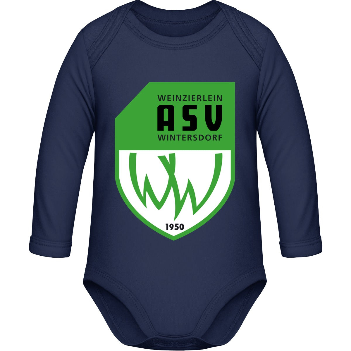 Bio Baby Strampler langarm BZ30 – ASV-Wappen mittig groß Nautical Navy Vorderseite