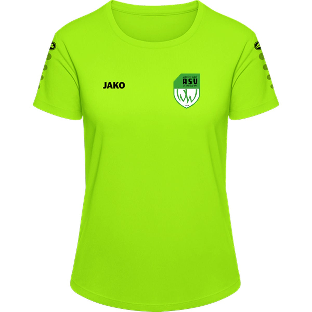 JAKO Trikot Team Damen Kurzarm 4233D – ASV-Wappen herzseitig Neongrün Vorderseite