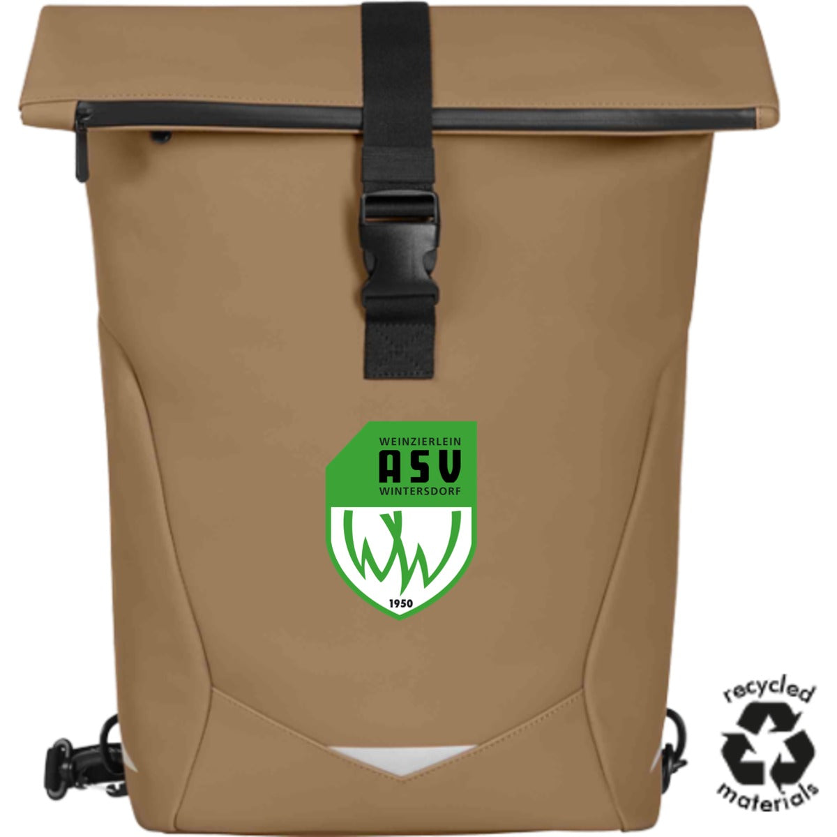 Fahrrad Rolltop-Rucksack und Tasche für Gepäckträger Orbit HF18063 – ASV-Wappen mittig groß Caramel Vorderseite