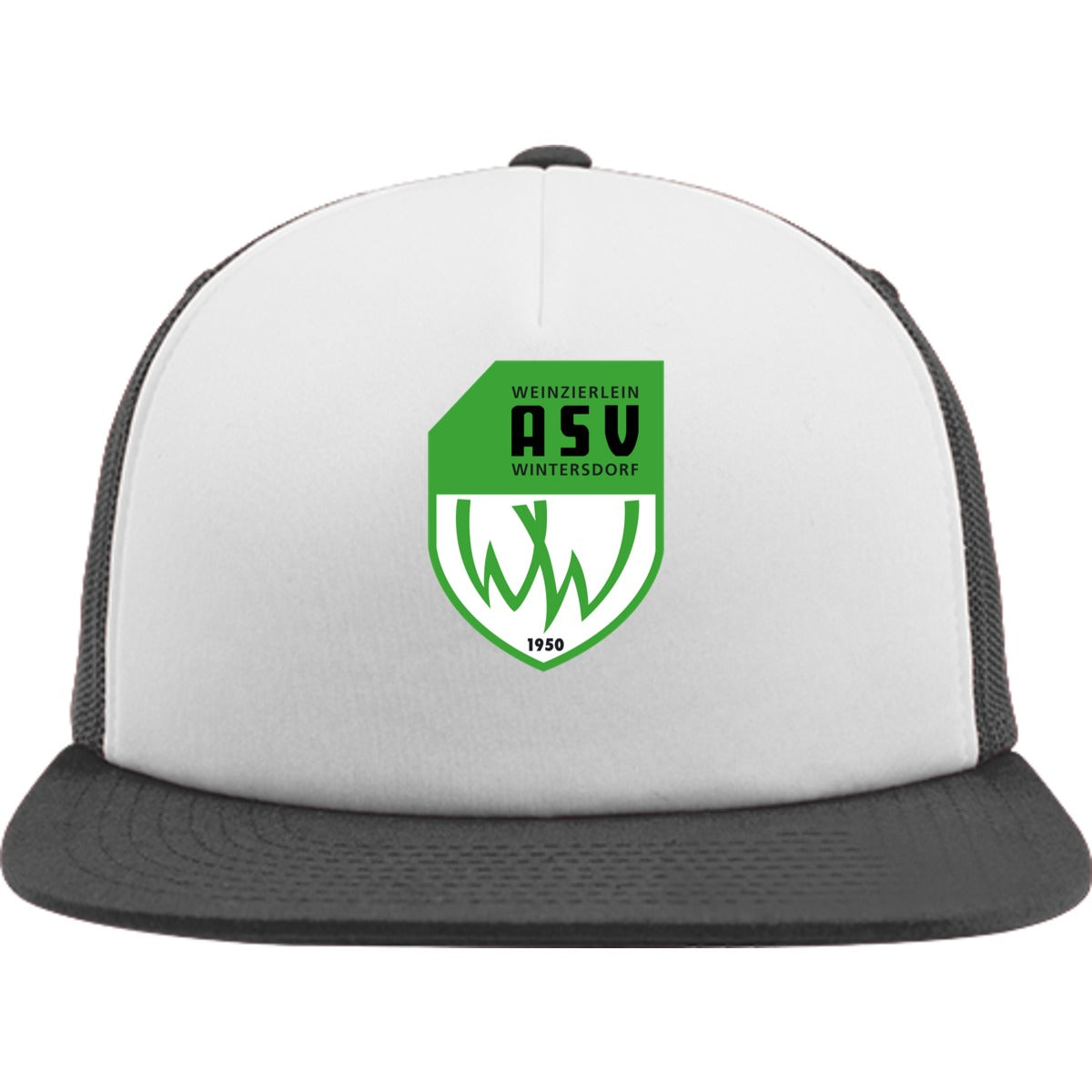Flexfit Trucker Cap mit weißem Schwammfrontpanel FX6005FW – ASV-Wappen mittig groß Black/Black Vorderseite