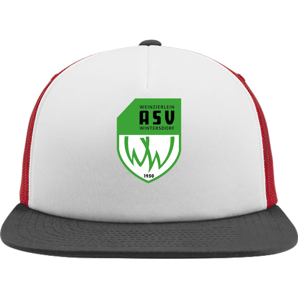 Flexfit Trucker Cap mit weißem Schwammfrontpanel FX6005FW – ASV-Wappen mittig groß Black/Red Vorderseite