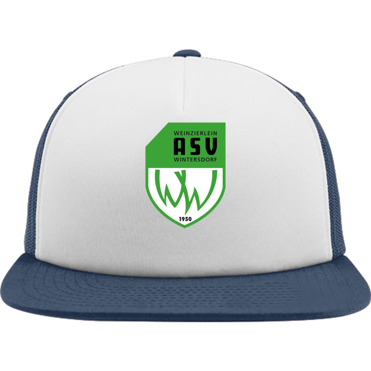 Flexfit Trucker Cap mit weißem Schwammfrontpanel FX6005FW – ASV-Wappen mittig groß Navy/Navy Vorderseite