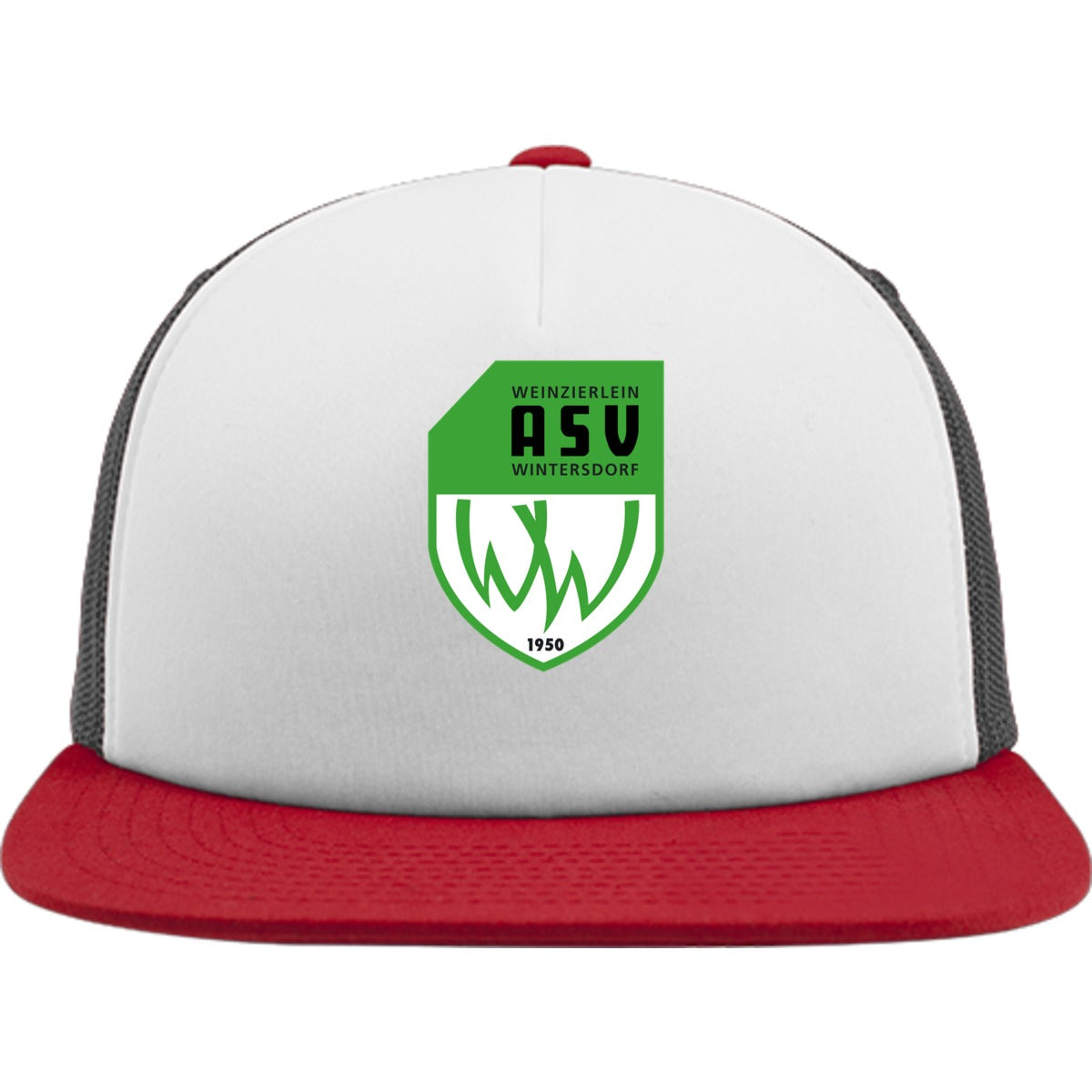 Flexfit Trucker Cap mit weißem Schwammfrontpanel FX6005FW – ASV-Wappen mittig groß Red/Black Vorderseite