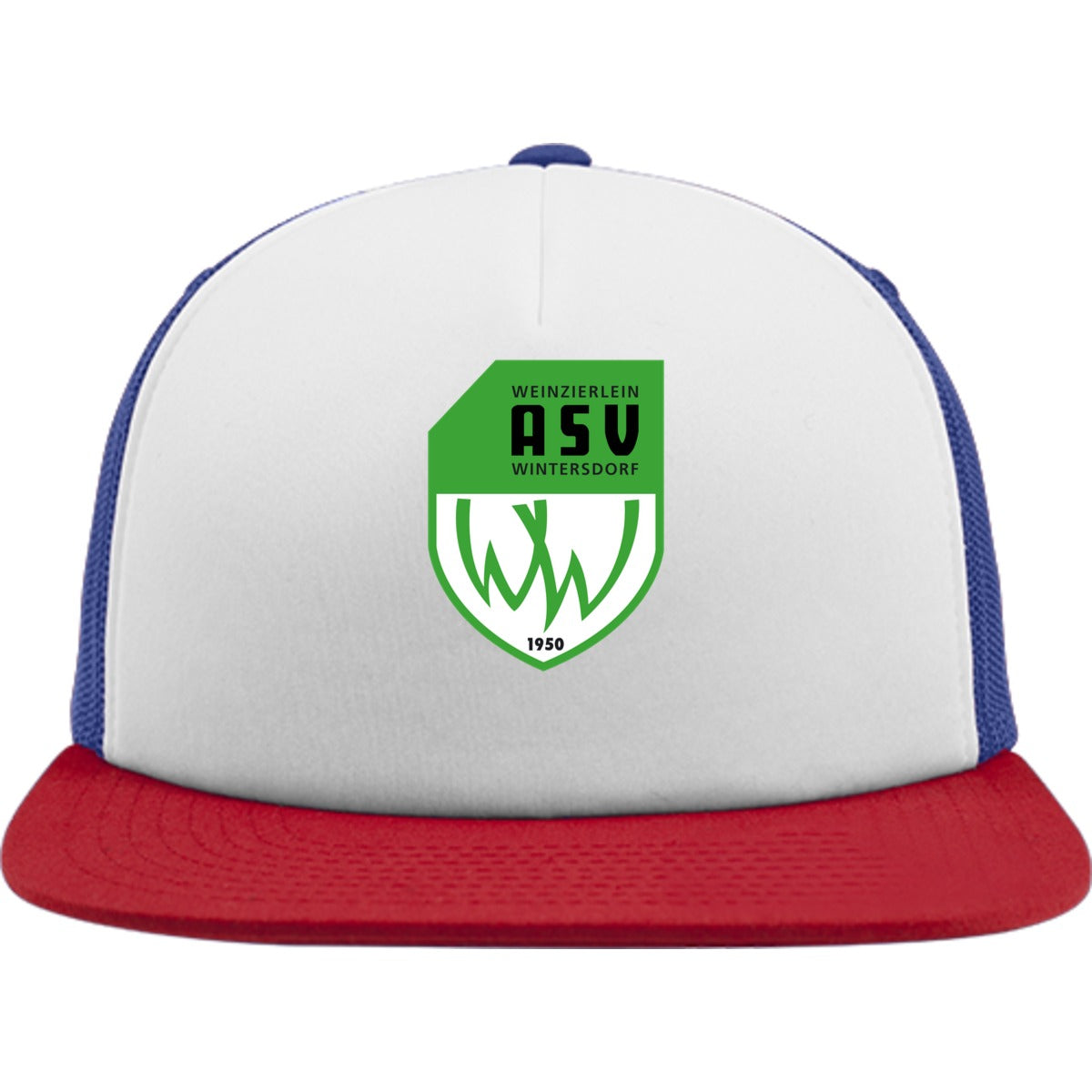 Flexfit Trucker Cap mit weißem Schwammfrontpanel FX6005FW – ASV-Wappen mittig groß Red/Royal Vorderseite