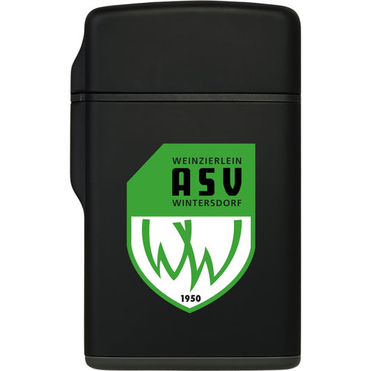Feuerzeug Sturmfeuerzeug mit Wunschmotiv personalisieren FZ01 – ASV-Wappen unter Deckelnaht Schwarz Vorderseite