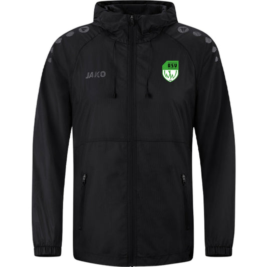 JAKO Lightweightjacke Flow – Wasserabweisende Laufjacke 9876 – ASV-Wappen neben JAKO-Logo Schwarz Vorderseite
