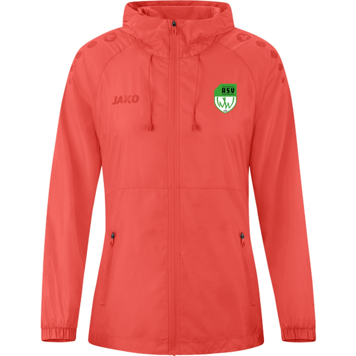 JAKO Lightweightjacke Flow Frauen – Wasserabweisende Laufjacke 9876D – ASV-Wappen neben JAKO-Logo Coral Vorderseite