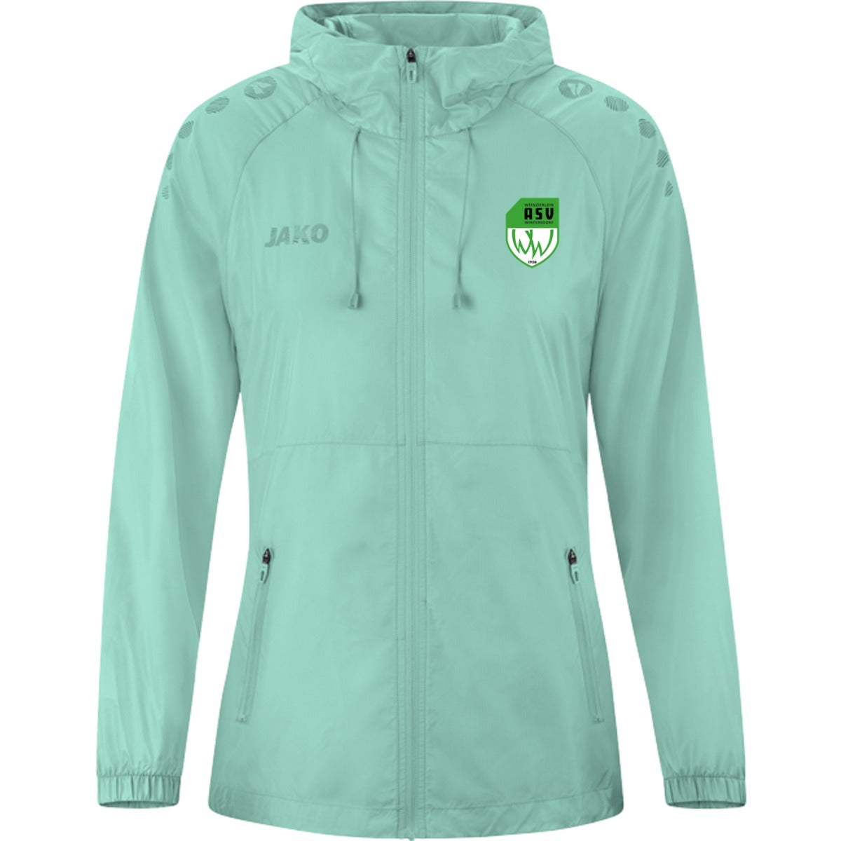 JAKO Lightweightjacke Flow Frauen – Wasserabweisende Laufjacke 9876D – ASV-Wappen neben JAKO-Logo Minze Vorderseite