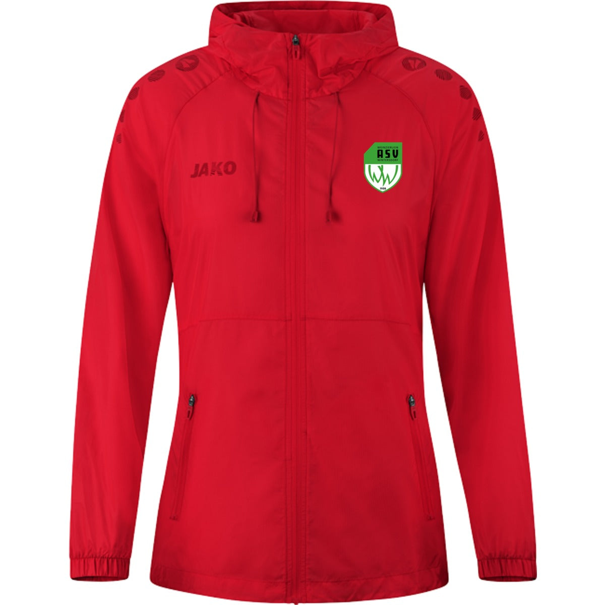 JAKO Lightweightjacke Flow Frauen – Wasserabweisende Laufjacke 9876D – ASV-Wappen neben JAKO-Logo Rot Vorderseite