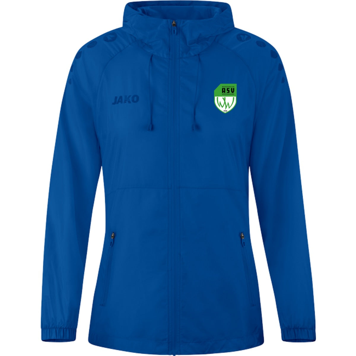 JAKO Lightweightjacke Flow Frauen – Wasserabweisende Laufjacke 9876D – ASV-Wappen neben JAKO-Logo Royal Vorderseite