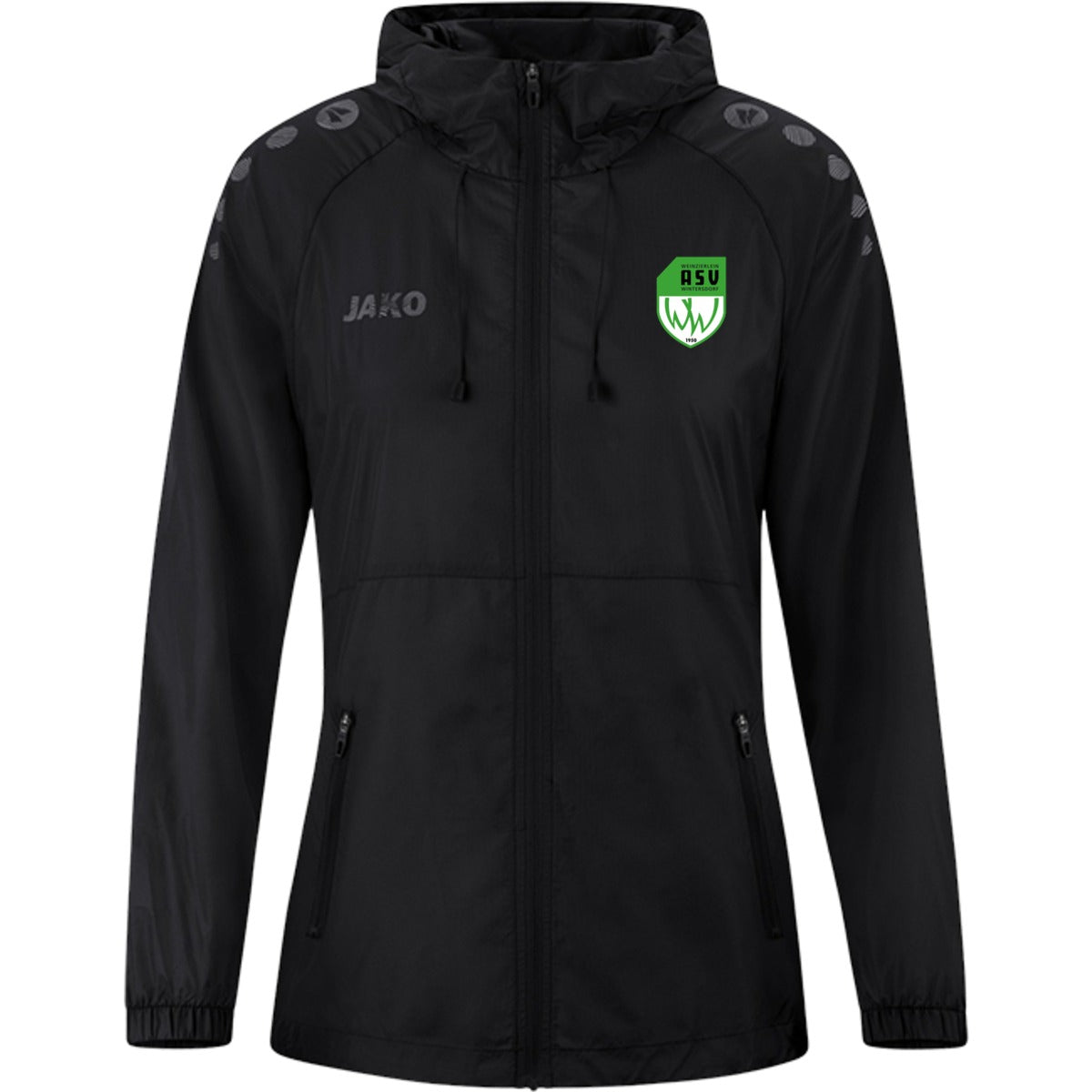 JAKO Lightweightjacke Flow Frauen – Wasserabweisende Laufjacke 9876D – ASV-Wappen neben JAKO-Logo Schwarz Vorderseite