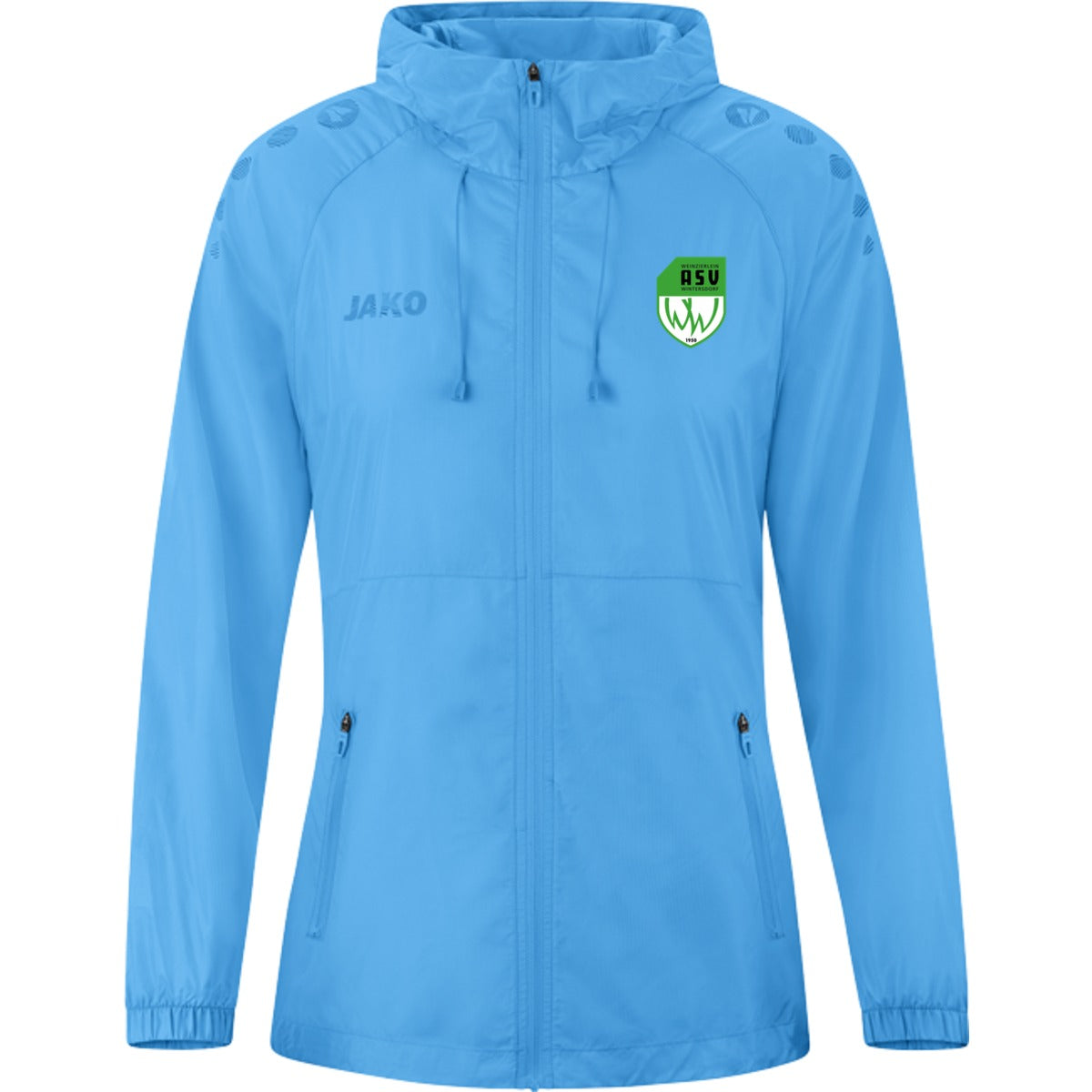 JAKO Lightweightjacke Flow Frauen – Wasserabweisende Laufjacke 9876D – ASV-Wappen neben JAKO-Logo Skyblue Vorderseite