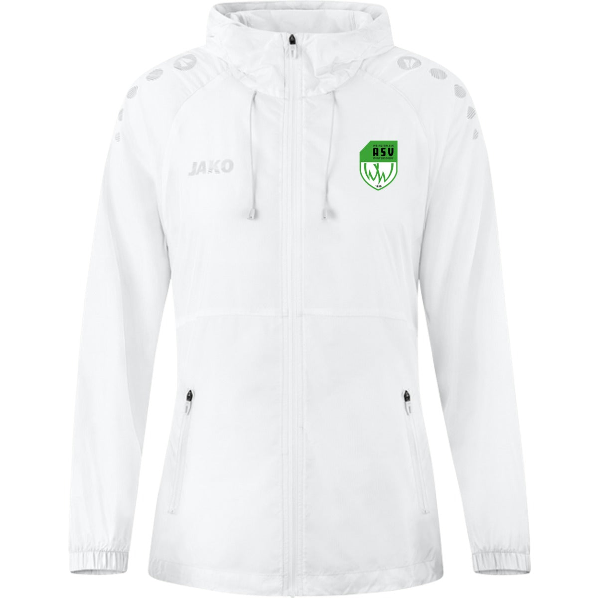 JAKO Lightweightjacke Flow Frauen – Wasserabweisende Laufjacke 9876D – ASV-Wappen neben JAKO-Logo Weiß Vorderseite