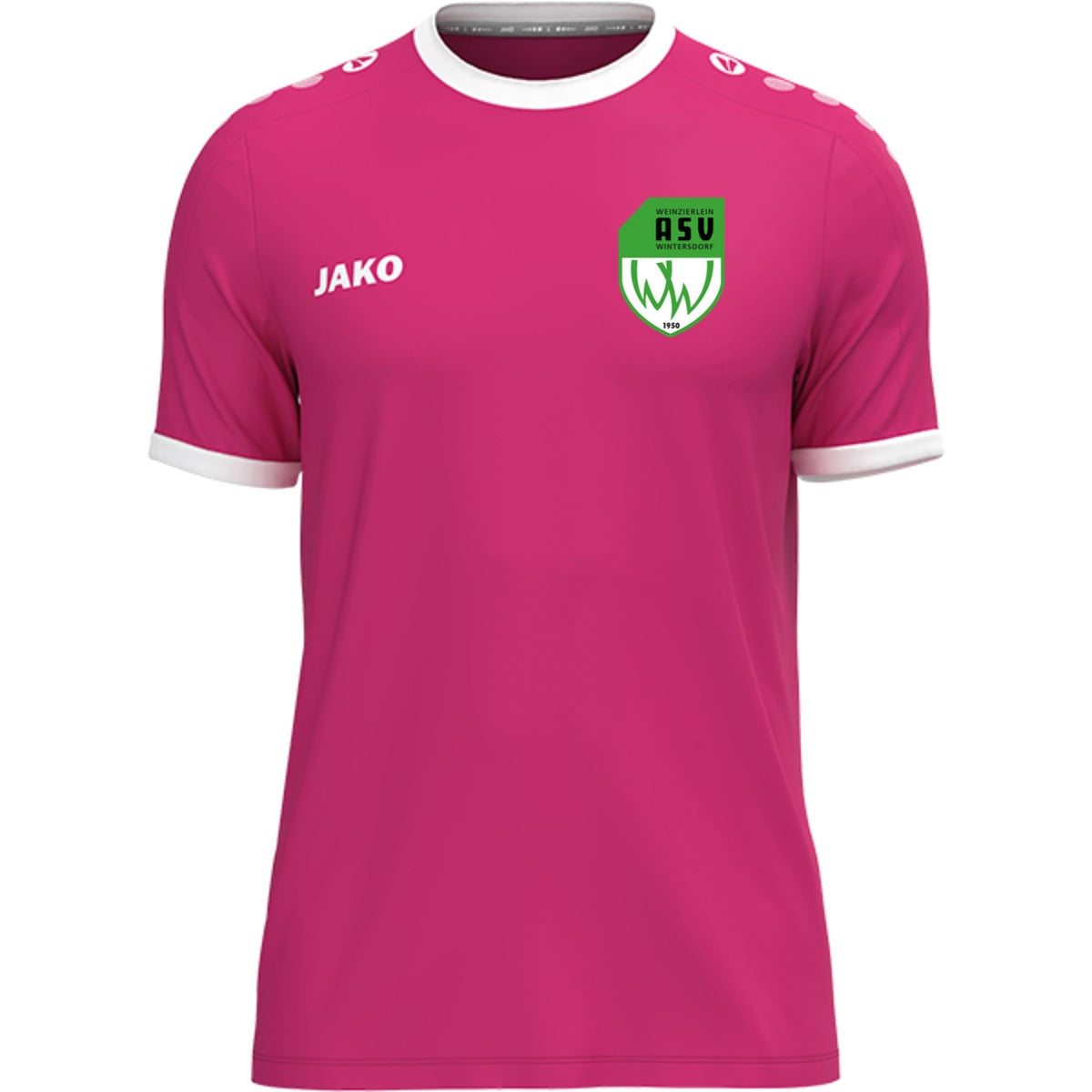 JAKO Trikot One mit Kontraststreifen 4200 – ASV-Wappen herzseitig deep pink Vorderseite