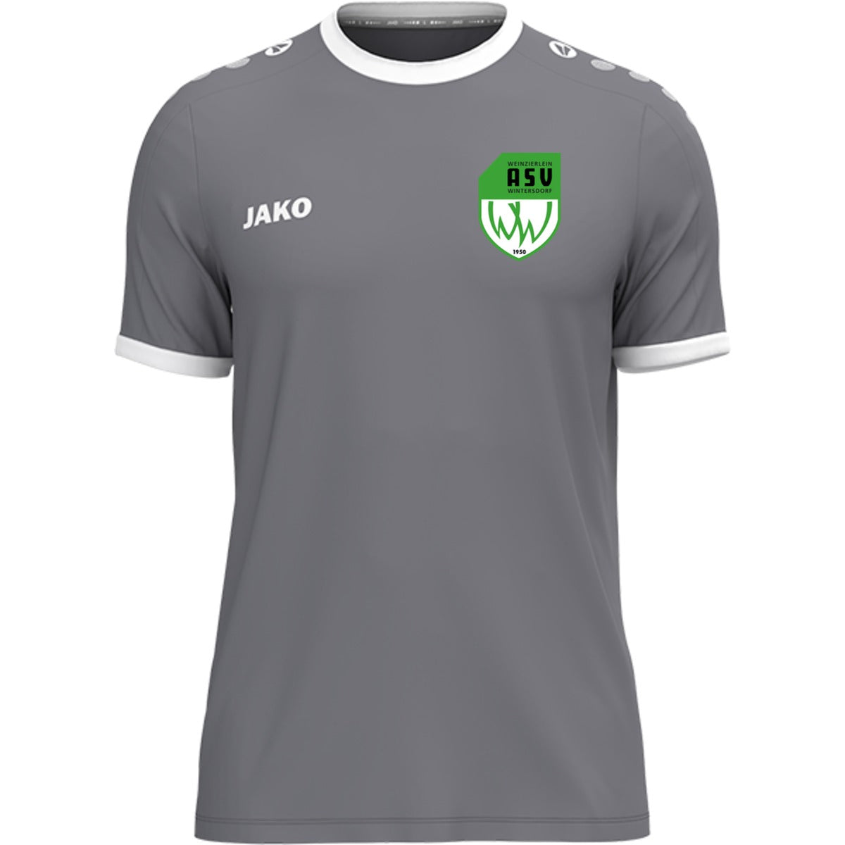 JAKO Trikot One mit Kontraststreifen 4200 – ASV-Wappen herzseitig Grau Vorderseite