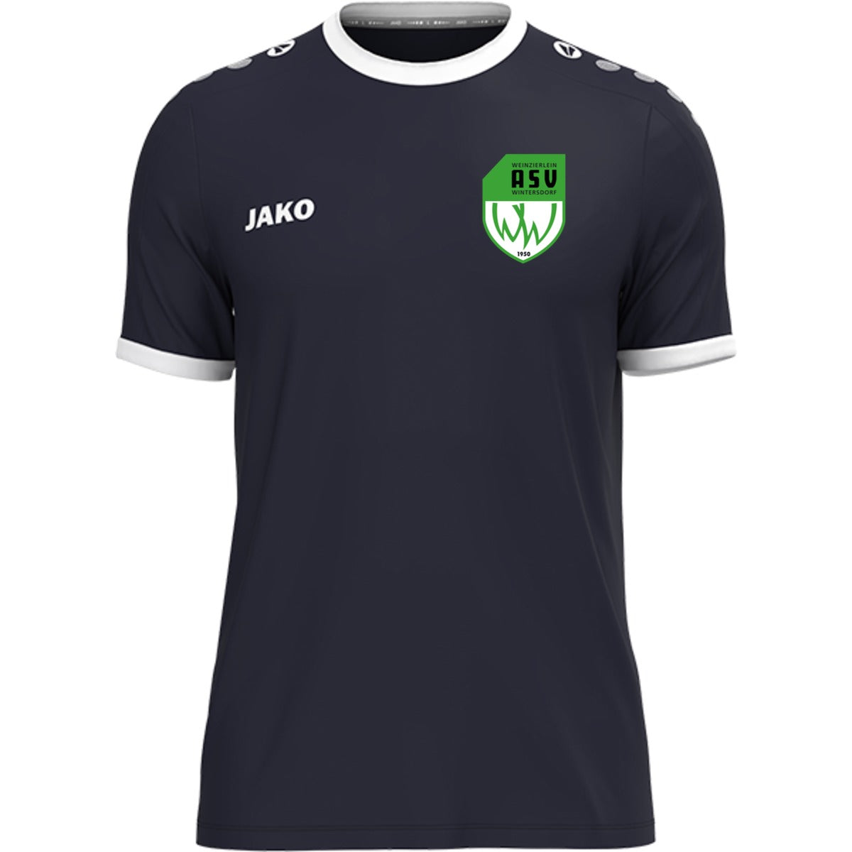 JAKO Trikot One mit Kontraststreifen 4200 – ASV-Wappen herzseitig Marine Vorderseite