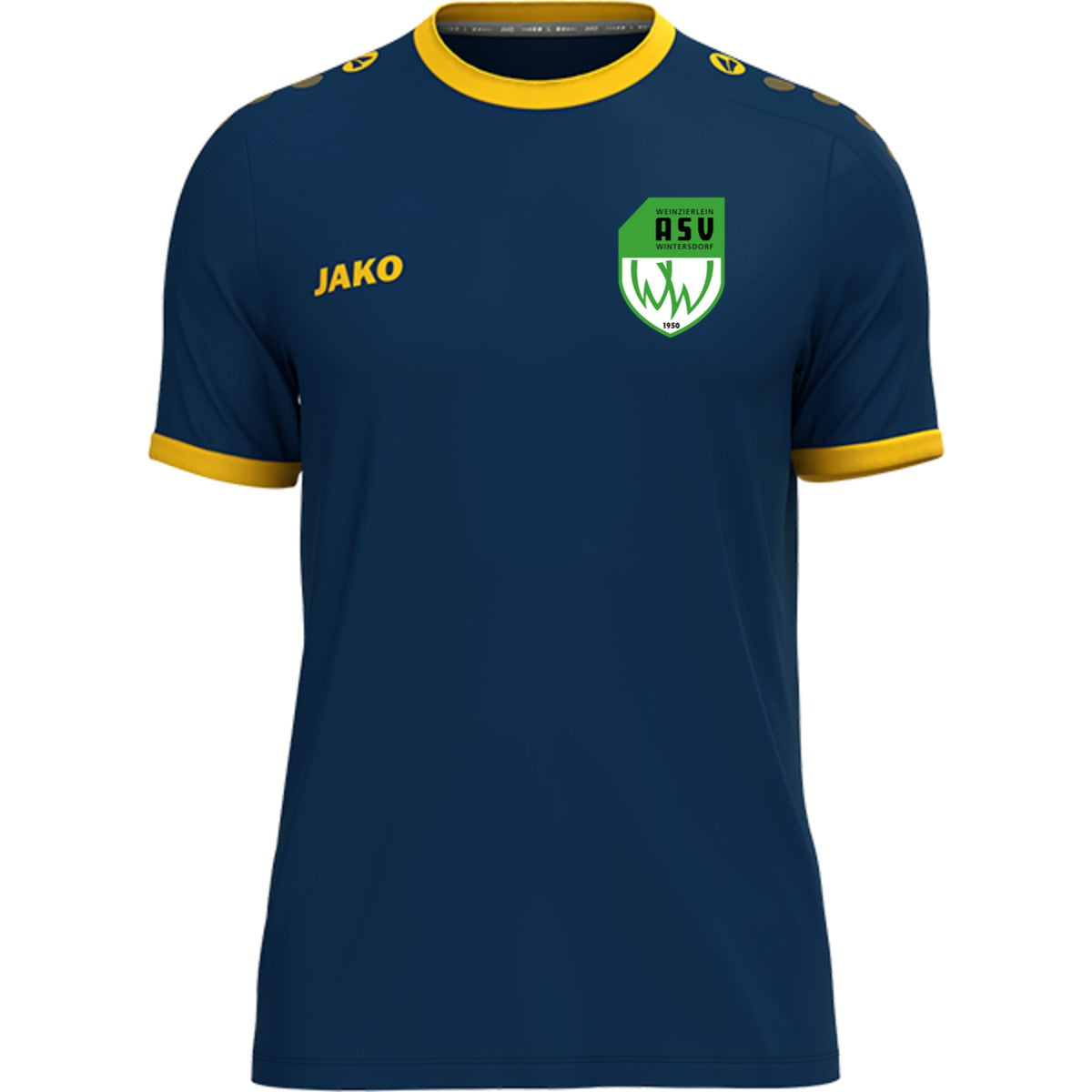 JAKO Trikot One mit Kontraststreifen 4200 – ASV-Wappen herzseitig Navy/Citro Vorderseite