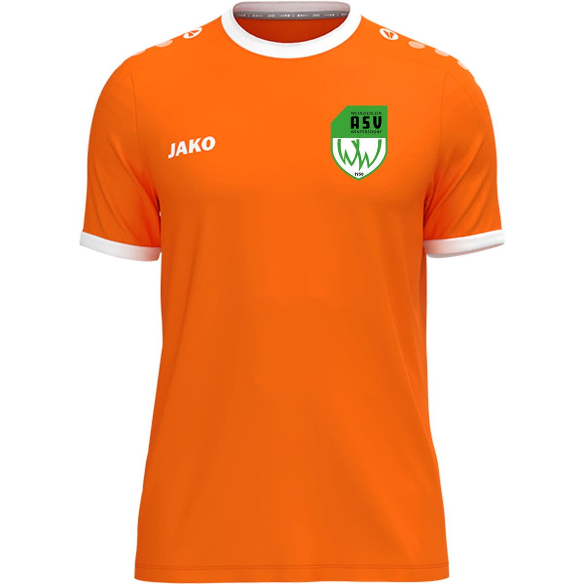 JAKO Trikot One mit Kontraststreifen 4200 – ASV-Wappen herzseitig Neonorange Vorderseite