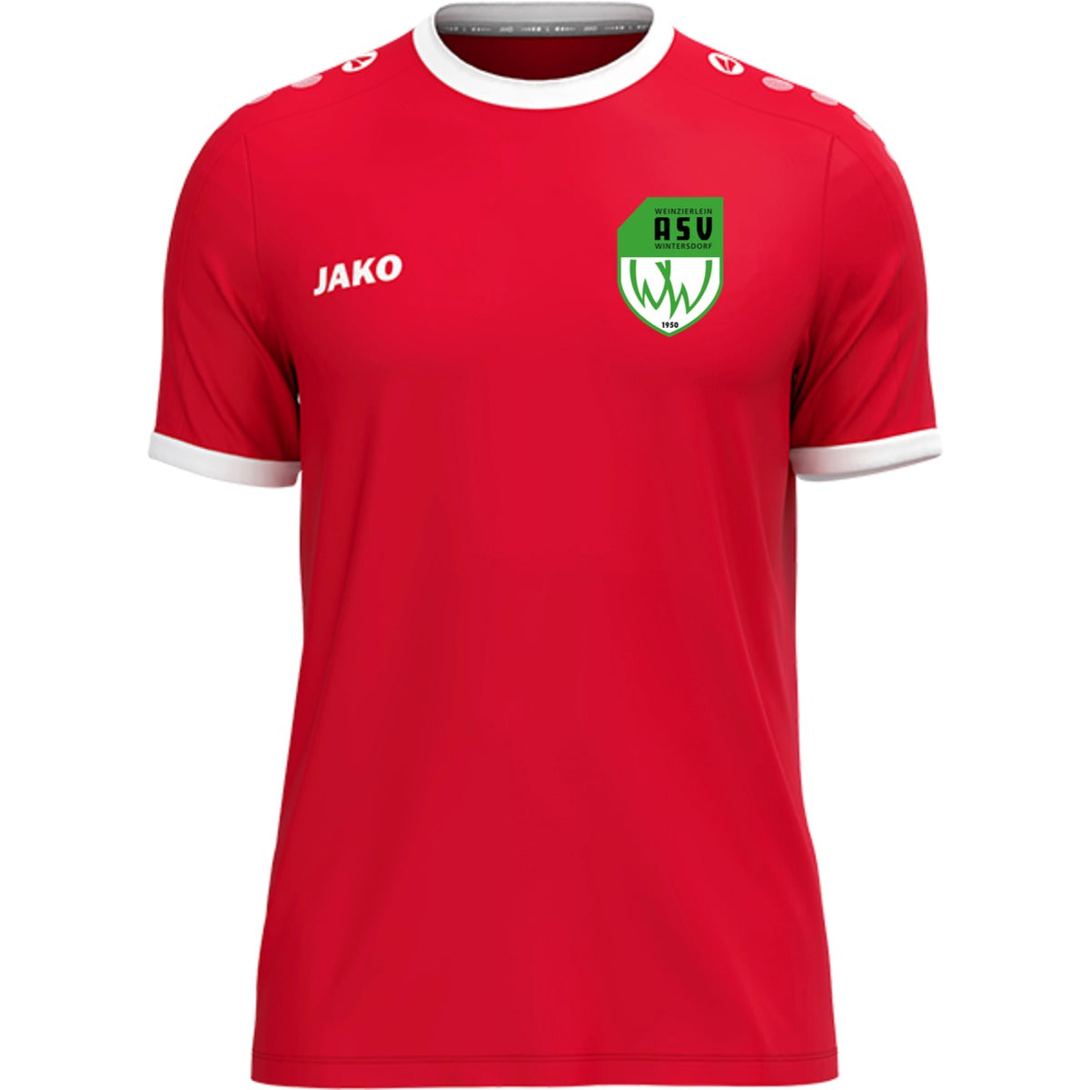 JAKO Trikot One mit Kontraststreifen 4200 – ASV-Wappen herzseitig Rot Vorderseite