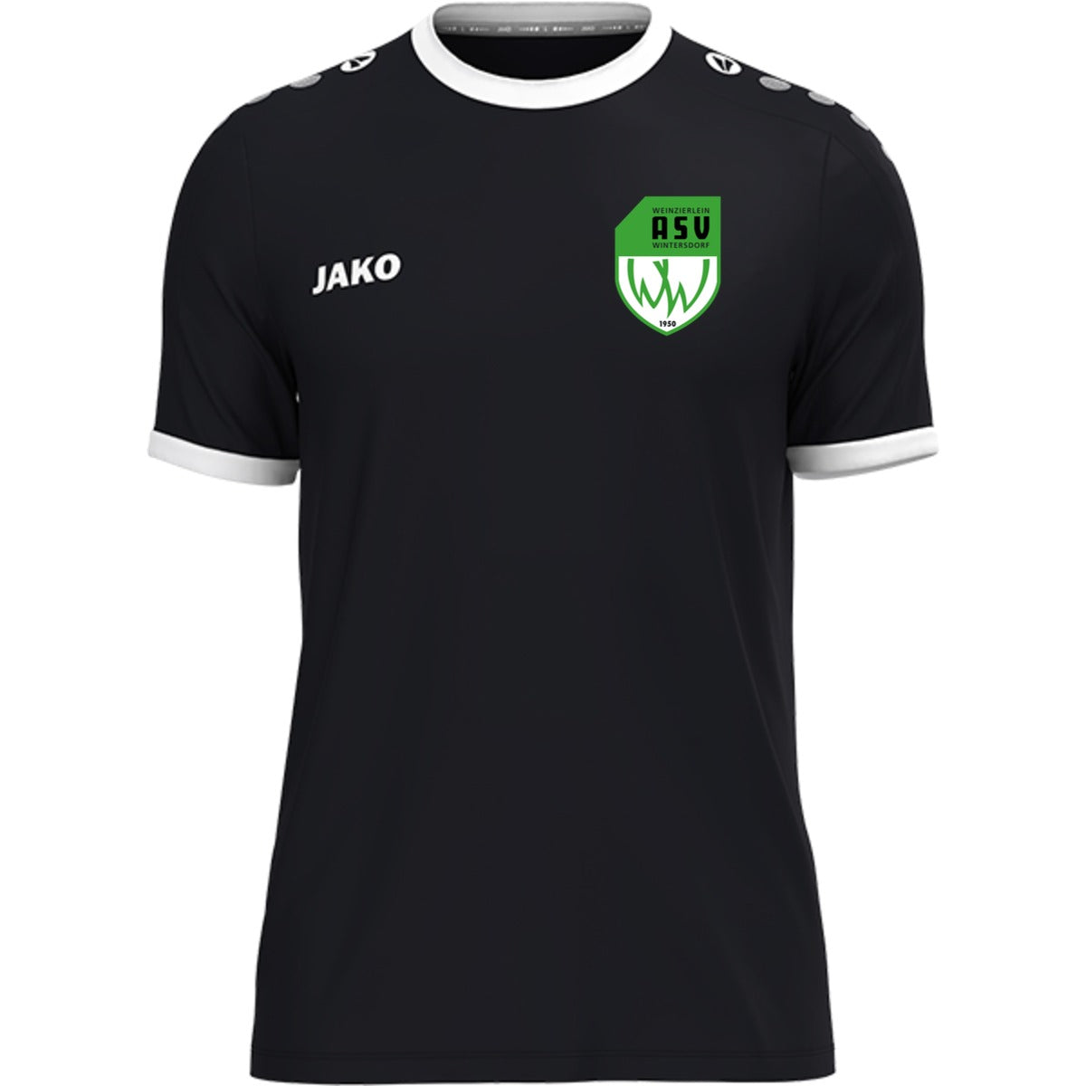 JAKO Trikot One mit Kontraststreifen 4200 – ASV-Wappen herzseitig Schwarz Vorderseite