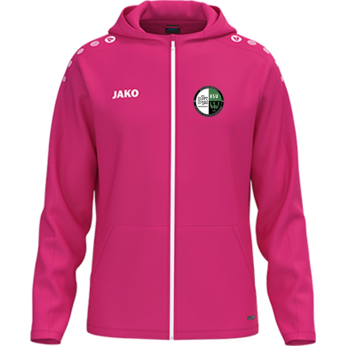 JAKO Kinder Kapuzenjacke One personalisieren 6800K – Vereinslogo herzseitig deep pink Vorderseite