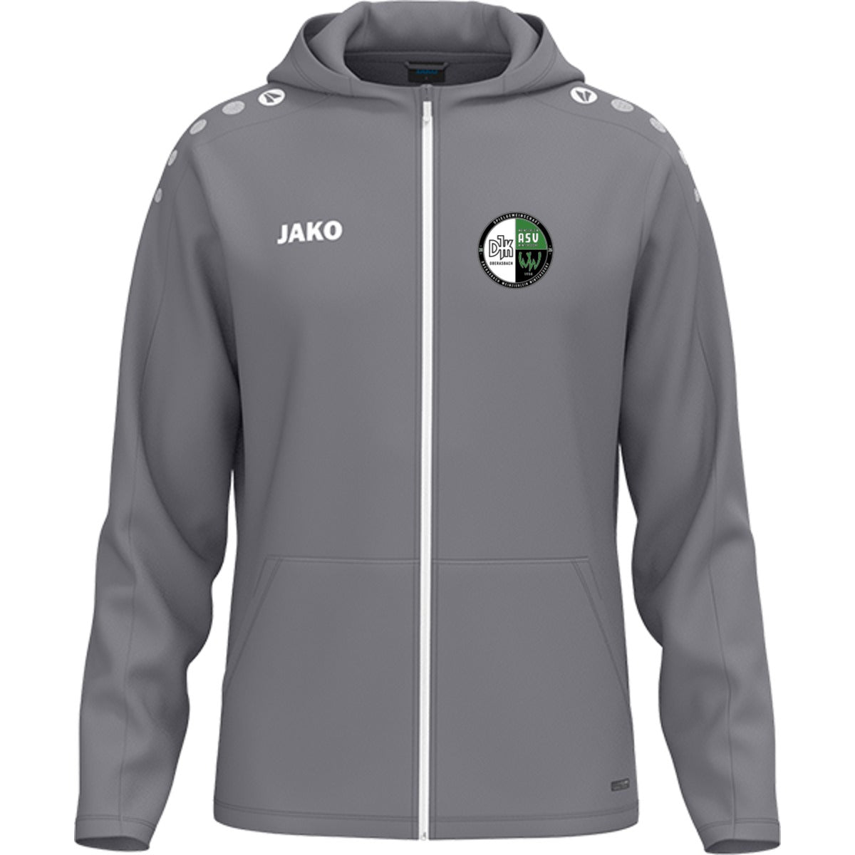 JAKO Kinder Kapuzenjacke One personalisieren 6800K – Vereinslogo herzseitig Grau Vorderseite