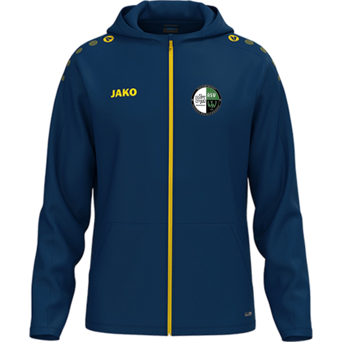 JAKO Kinder Kapuzenjacke One personalisieren 6800K – Vereinslogo herzseitig Navy/Citro Vorderseite