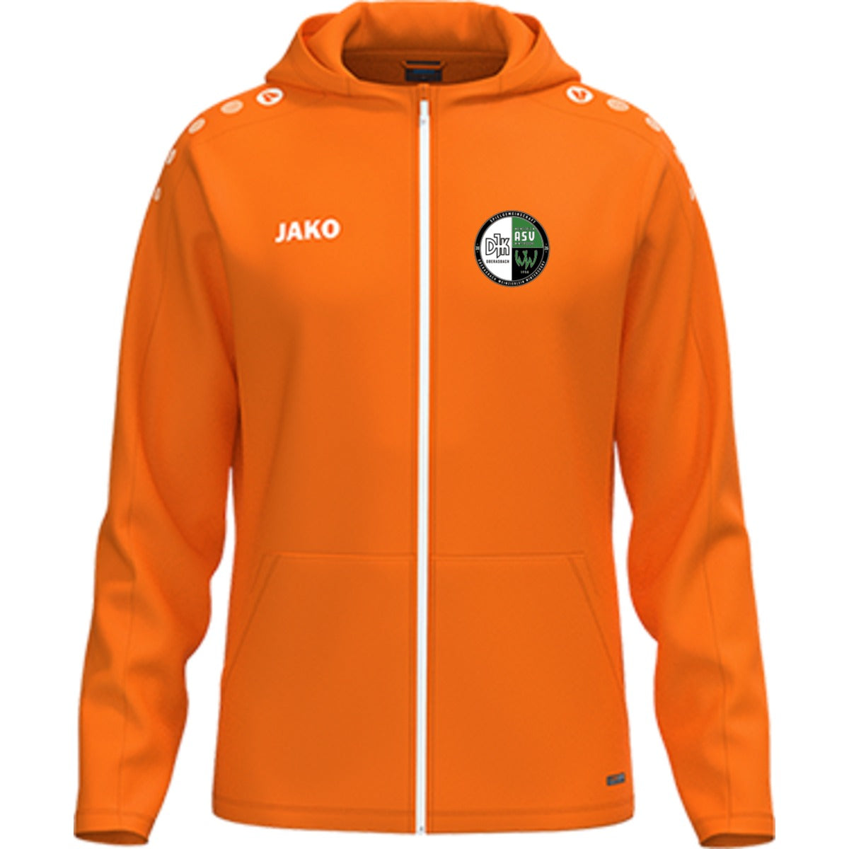 JAKO Kinder Kapuzenjacke One personalisieren 6800K – Vereinslogo herzseitig Neonorange Vorderseite