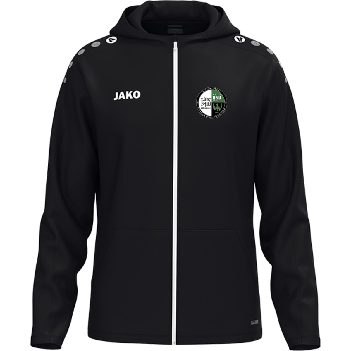 JAKO Kinder Kapuzenjacke One personalisieren 6800K – Vereinslogo herzseitig Schwarz Vorderseite