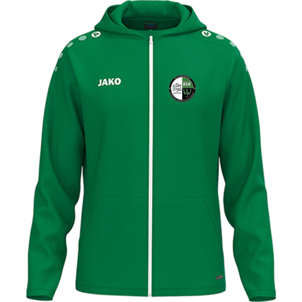 JAKO Kinder Kapuzenjacke One personalisieren 6800K – Vereinslogo herzseitig Sportgrün Vorderseite