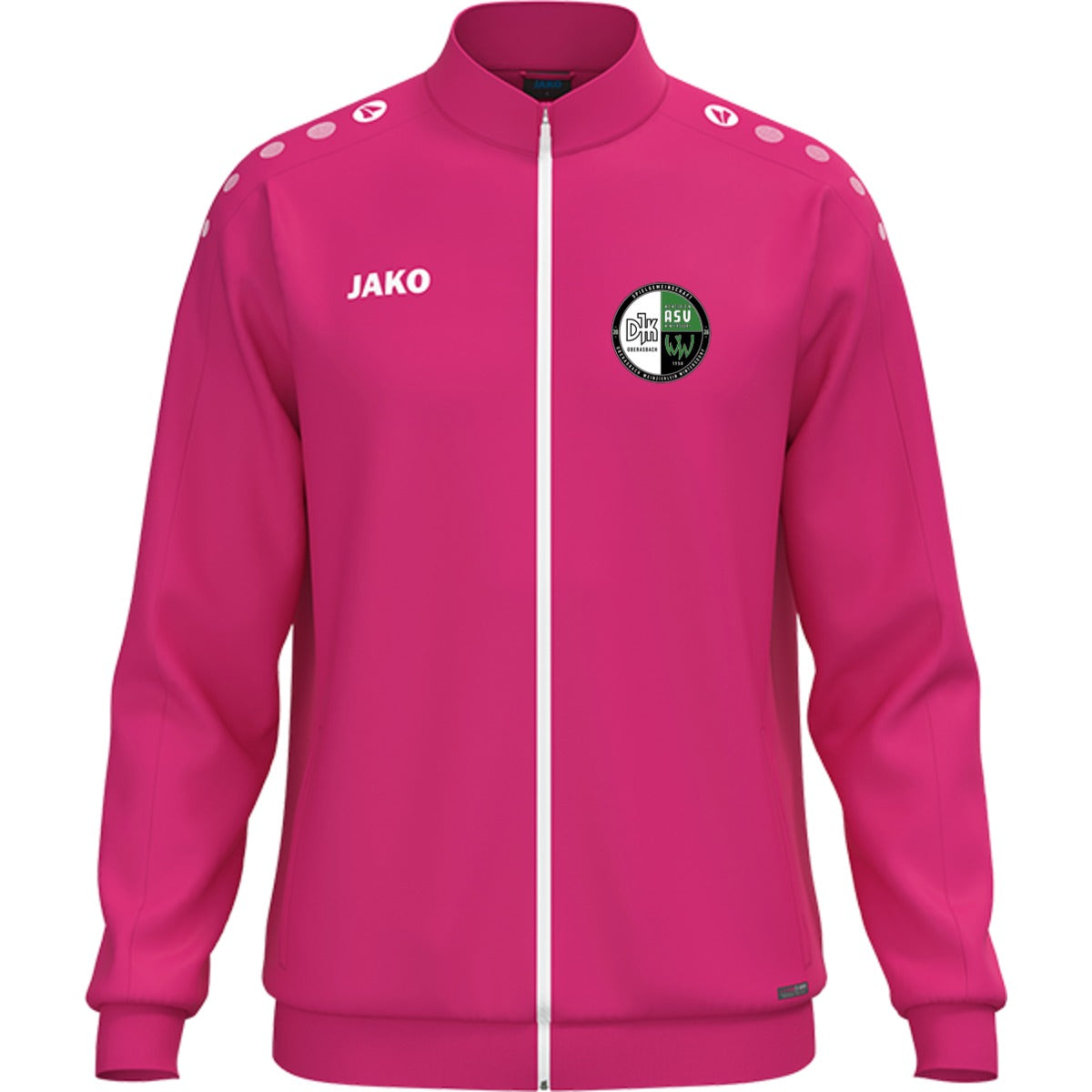 JAKO Polyesterjacke One für Kinder gestalten 9300K – Vereinslogo herzseitig deep pink Vorderseite