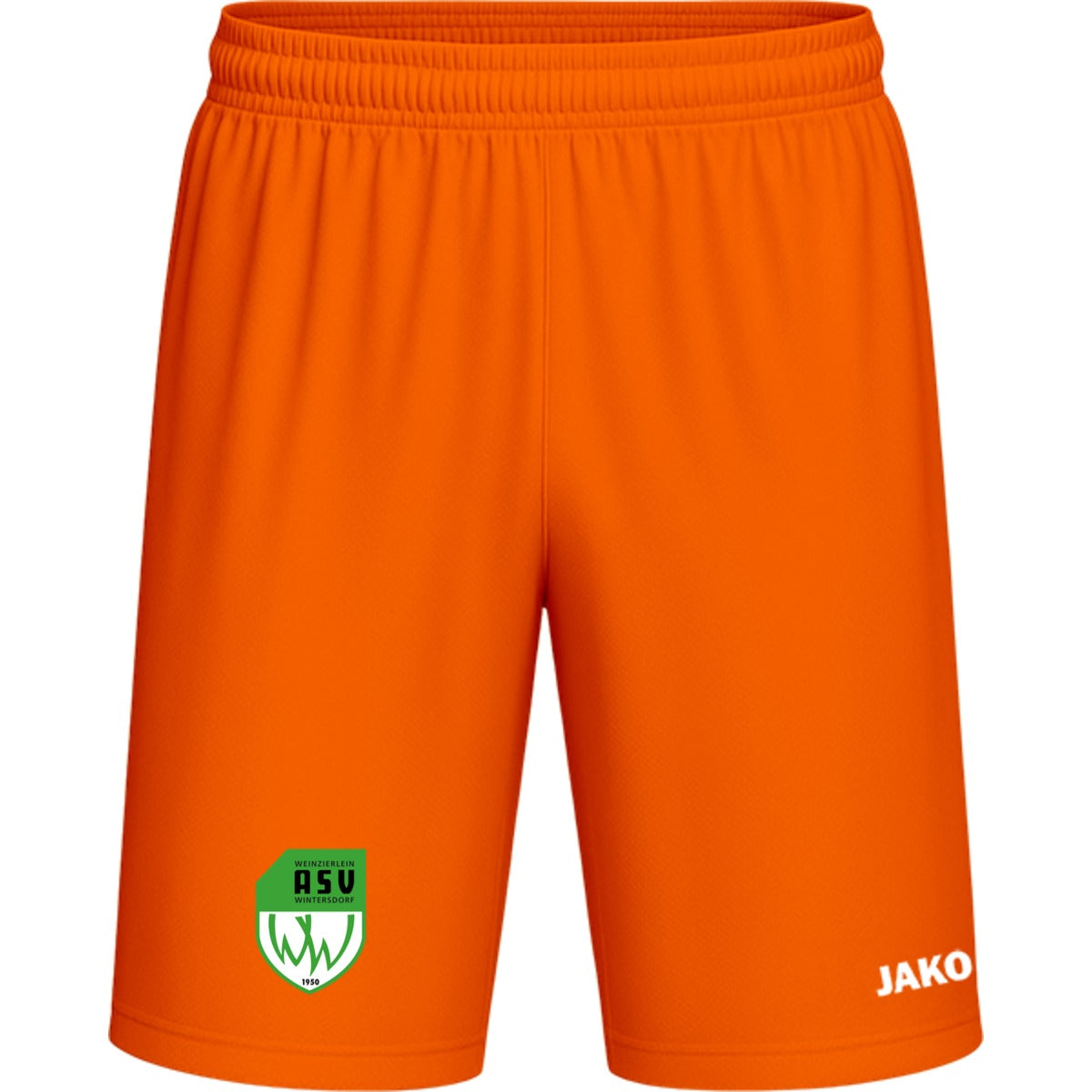 Sporthose Kids Manchester 2.0 Fußball Shorts gestalten 4400K – ASV-Wappen am Bein Neonorange Vorderseite