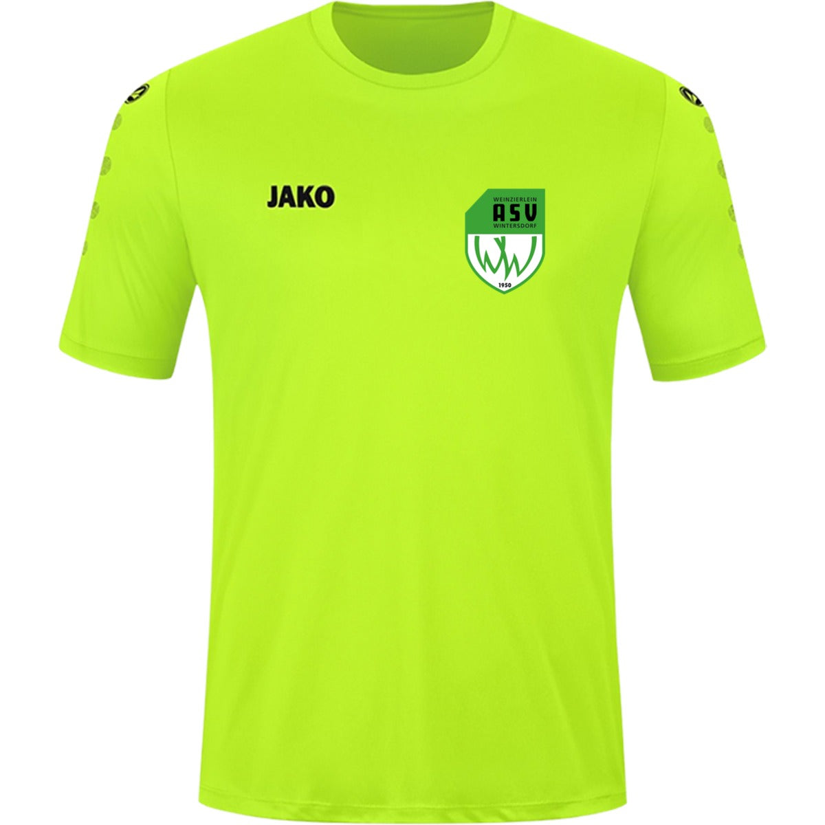 JAKO Kinder Trikot Team Kurzarm 4233K – ASV-Wappen herzseitig Neongrün Vorderseite