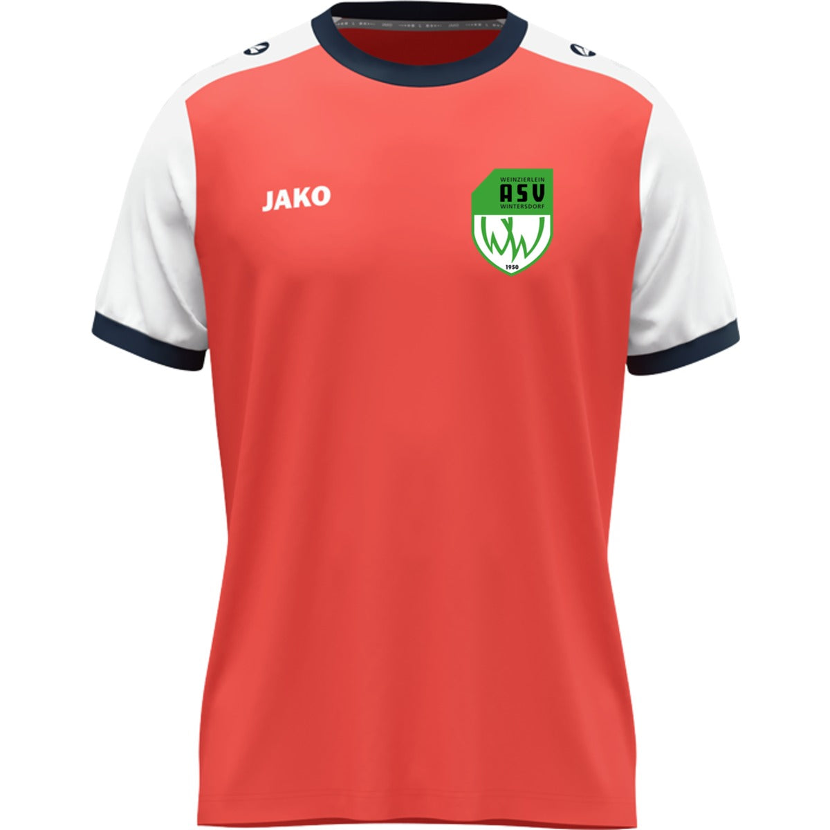 JAKO Kinder Trikot Dynamic mit Kontrasteinfassung 4270K – ASV-Wappen herzseitig Coral/Weiß Vorderseite