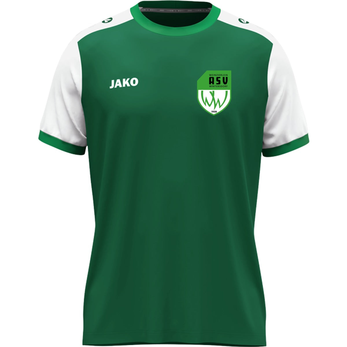 JAKO Kinder Trikot Dynamic mit Kontrasteinfassung 4270K – ASV-Wappen herzseitig Dunkelgrün/Weiß Vorderseite