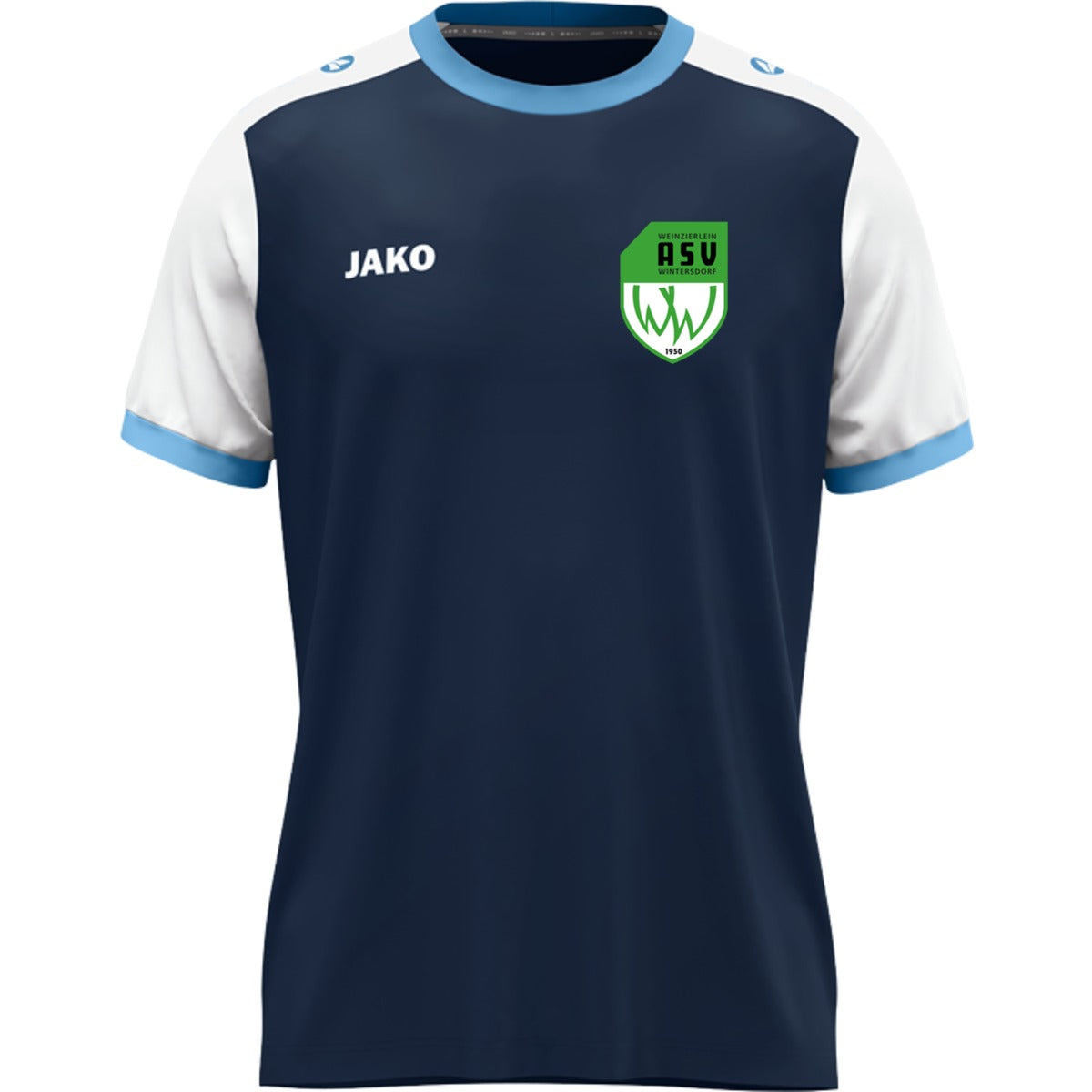 JAKO Kinder Trikot Dynamic mit Kontrasteinfassung 4270K – ASV-Wappen herzseitig Marine/Weiß Vorderseite