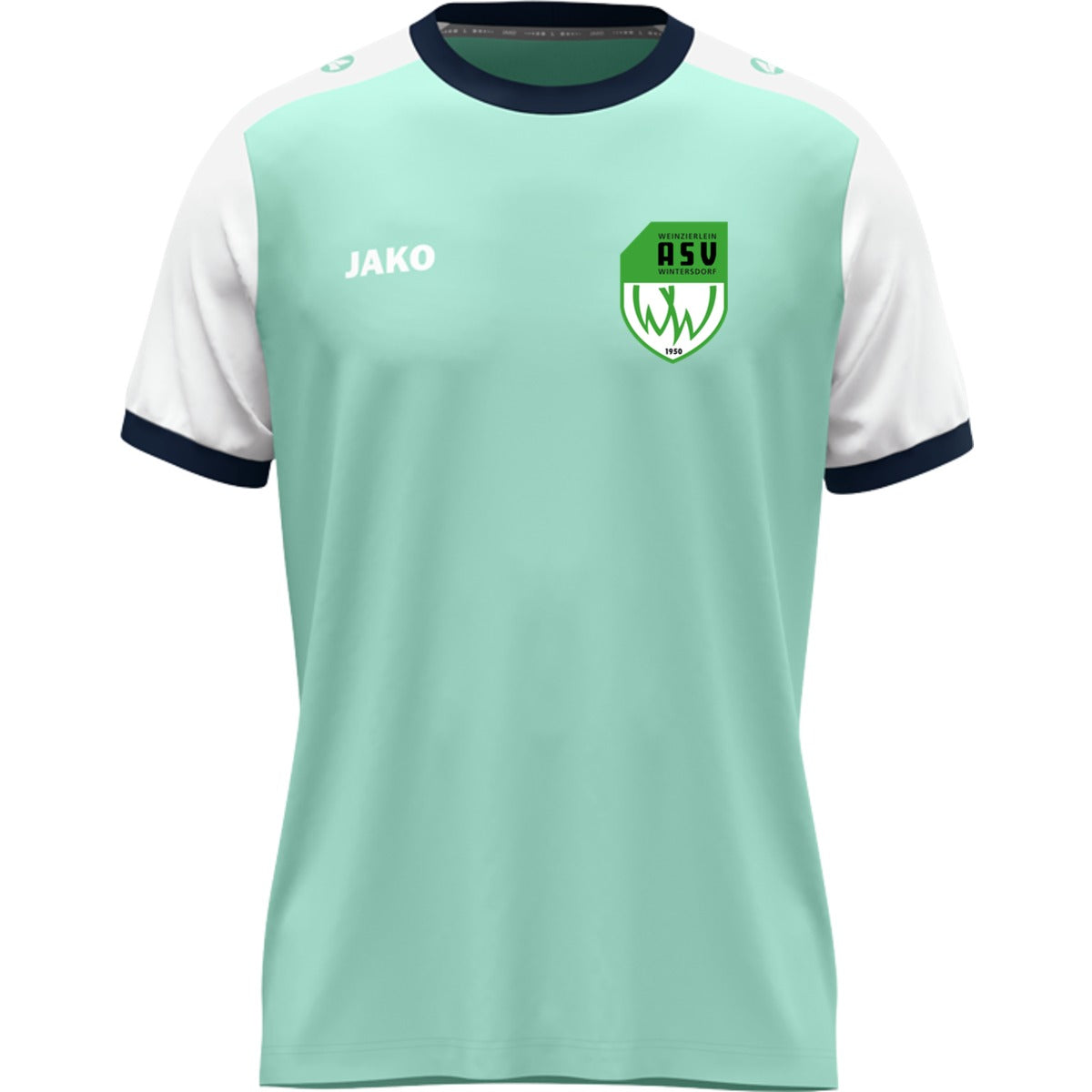 JAKO Kinder Trikot Dynamic mit Kontrasteinfassung 4270K – ASV-Wappen herzseitig Minze/Weiß Vorderseite
