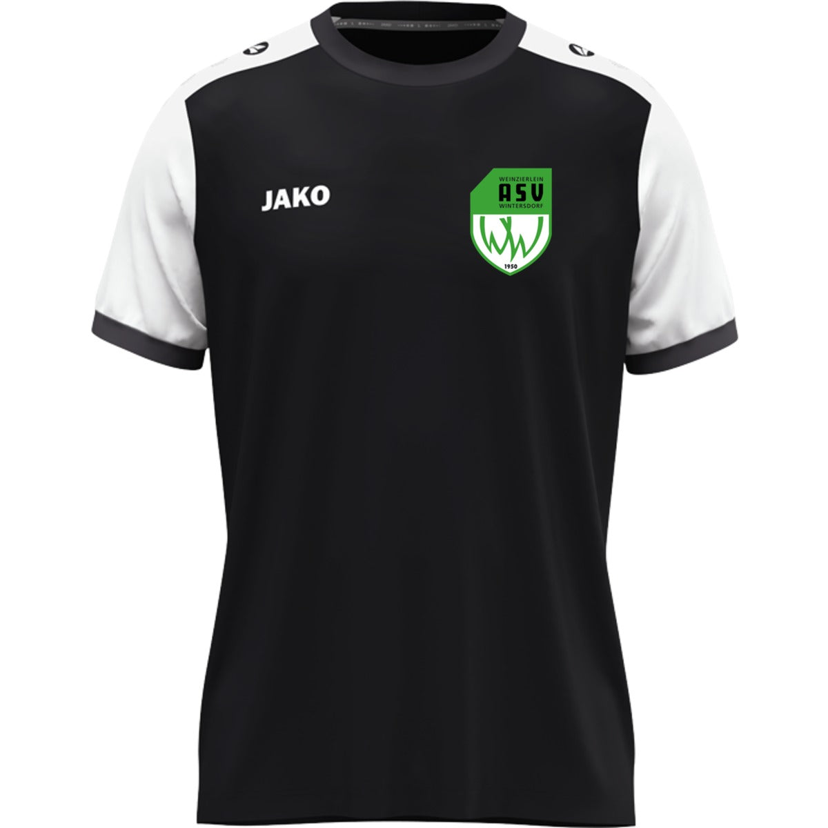 JAKO Kinder Trikot Dynamic mit Kontrasteinfassung 4270K – ASV-Wappen herzseitig Schwarz/Weiß Vorderseite