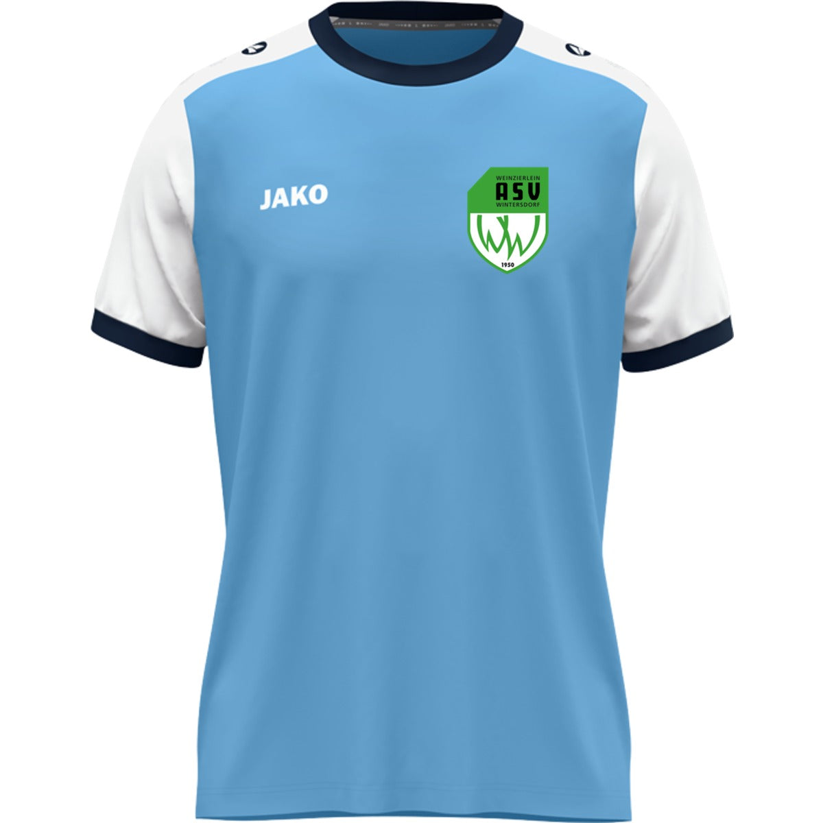 JAKO Kinder Trikot Dynamic mit Kontrasteinfassung 4270K – ASV-Wappen herzseitig Skyblue/Weiß Vorderseite
